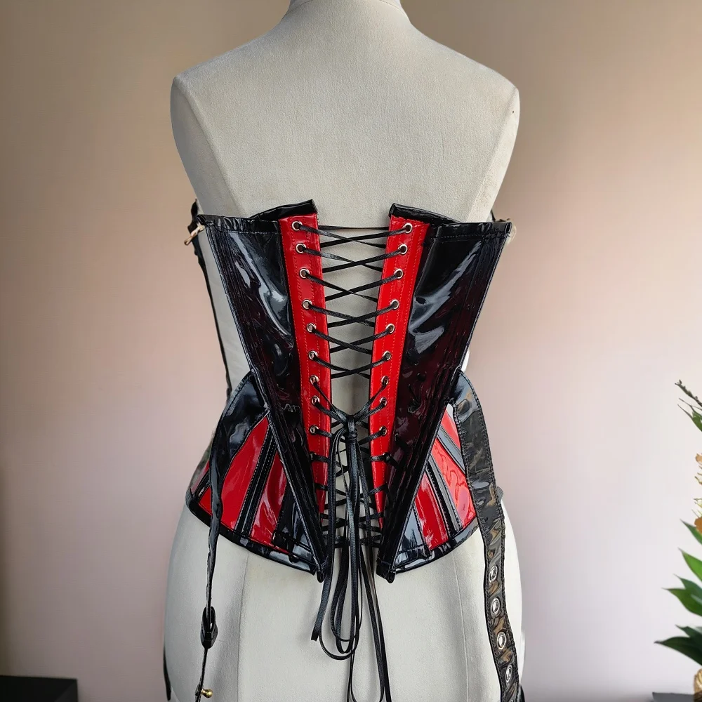Women Heavy Corset Hand Made Bustier With Locks Underbust Waist Trainer Lace Up Steel Boned Body Shaper Costume Patent Leather
