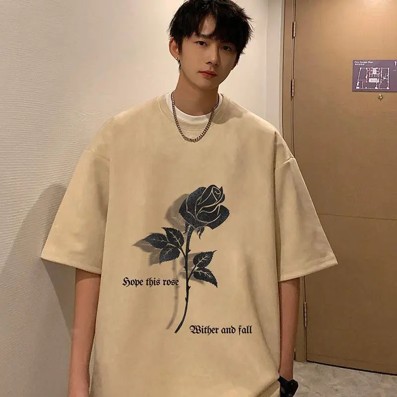 Korean suede rose print short-sleeved T-shirt men American retro top oversize apricot couple style retro all-match niche T-shirt