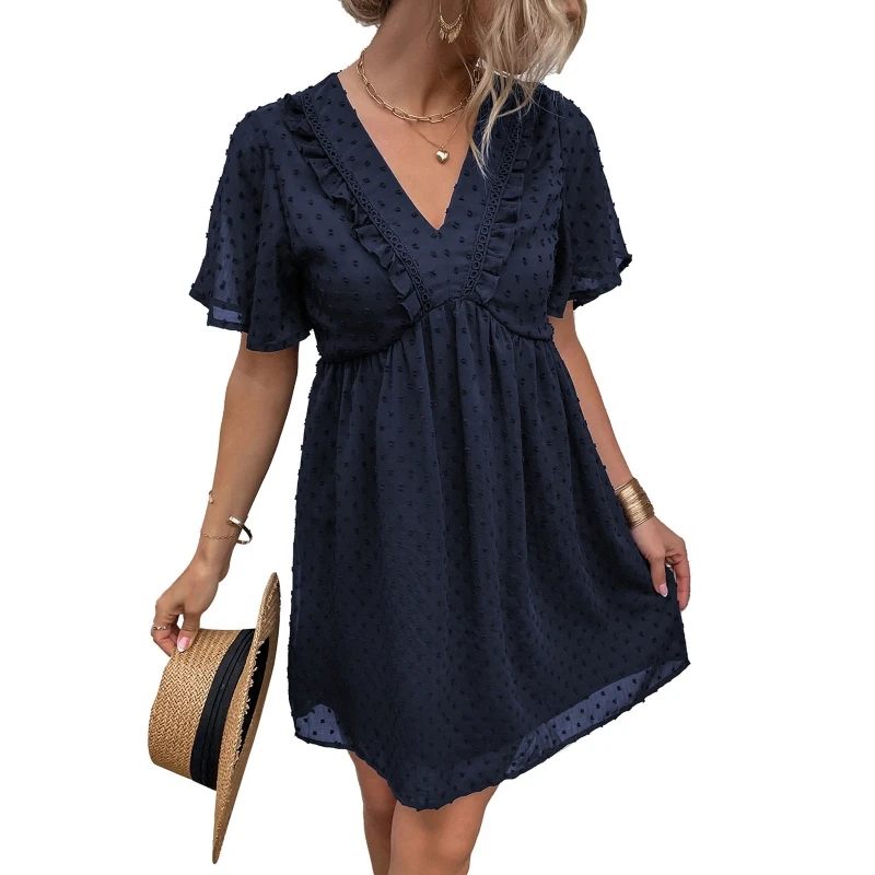 

Women Short Bell Sleeve Ruffles Trim V-Neck Mini Swing Dress Simple Solid Color Swiss Dot A-Line Pleated Flowy Sundress P8DB