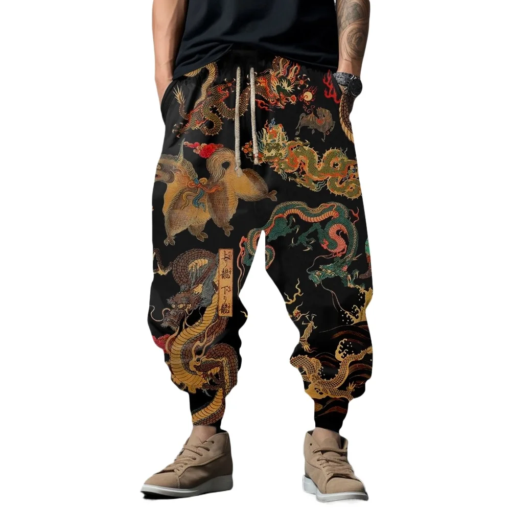 Men's Streetwear Casual Pants Men Japanese Sweatpants Art Dragon Element Pattern Print Retro Sweatpants Men Clothing Trousers