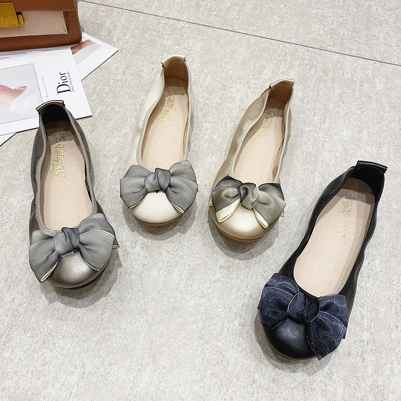 Womens Foldable Soft Round Toe Ballet Flats Butterfly Knot Sweet Comfortable Slip on Flat Ballerinas Shoes Woman PU Leather 5