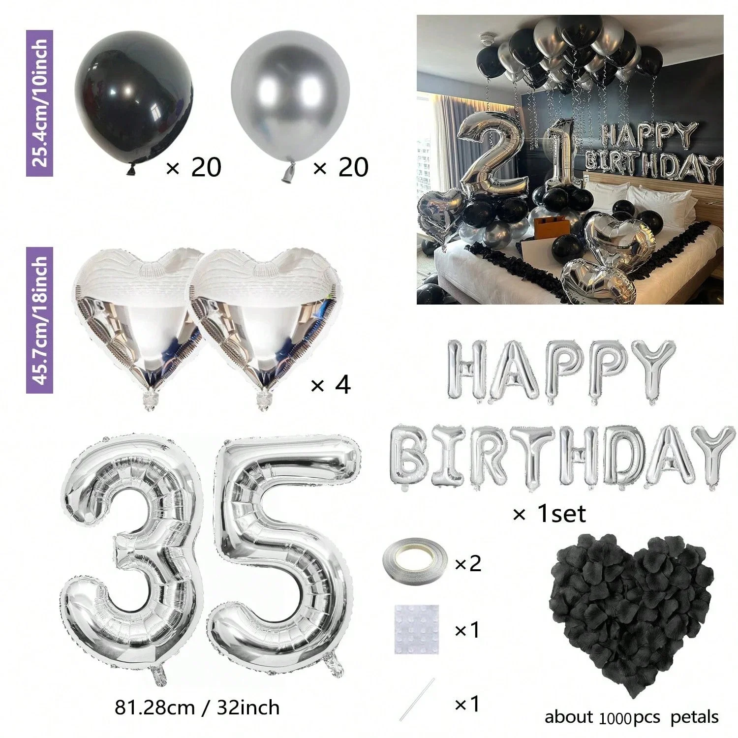 55 schwarze und silberne Luftballons + 1000 Blütenblätter, silbernes Happy Birthday-Banner, silberne Chrom-Luftballons, Partydekoration für Kinder und Erwachsene – Detail 24
