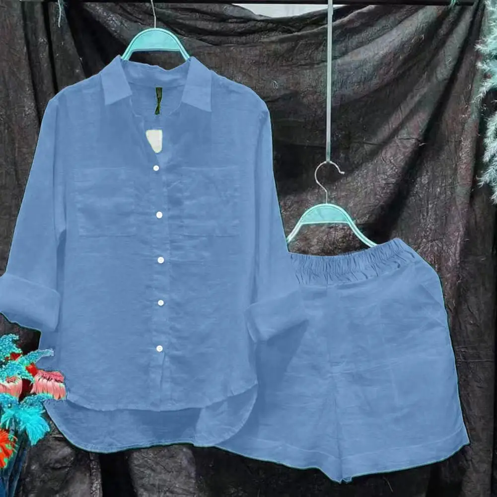 2 Pcs Women Shirt Shorts Set Solid Color Summer Office Ladies Blouse Shorts Set Long Sleeve Irregular Hem Loose Casual Outfit