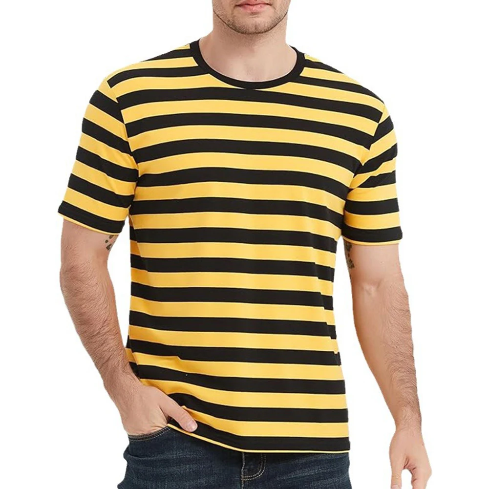 O Neck Top T Shirt Slight Stretch Striped Summer Black T Shirt Blue Casual Yellow Casual Top Daily For Vacation