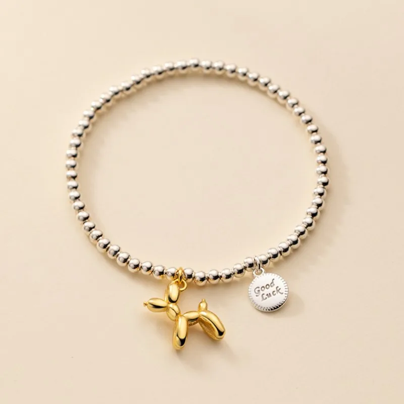 Silver Color Beads Chain Balloon Dog Bracelet for Women Ladies Fashion Cute Puppy Pendant Chain Party Jewelry Birthday Gifts