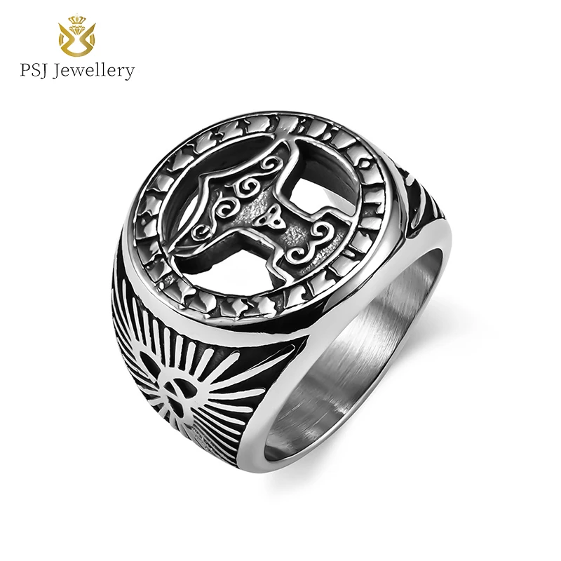 

PSJ Wholesale Vintage Jewelry 20MM Retro Nordic Viking Eternal Knot Tomahawk Design Stainless Steel Rings for Men