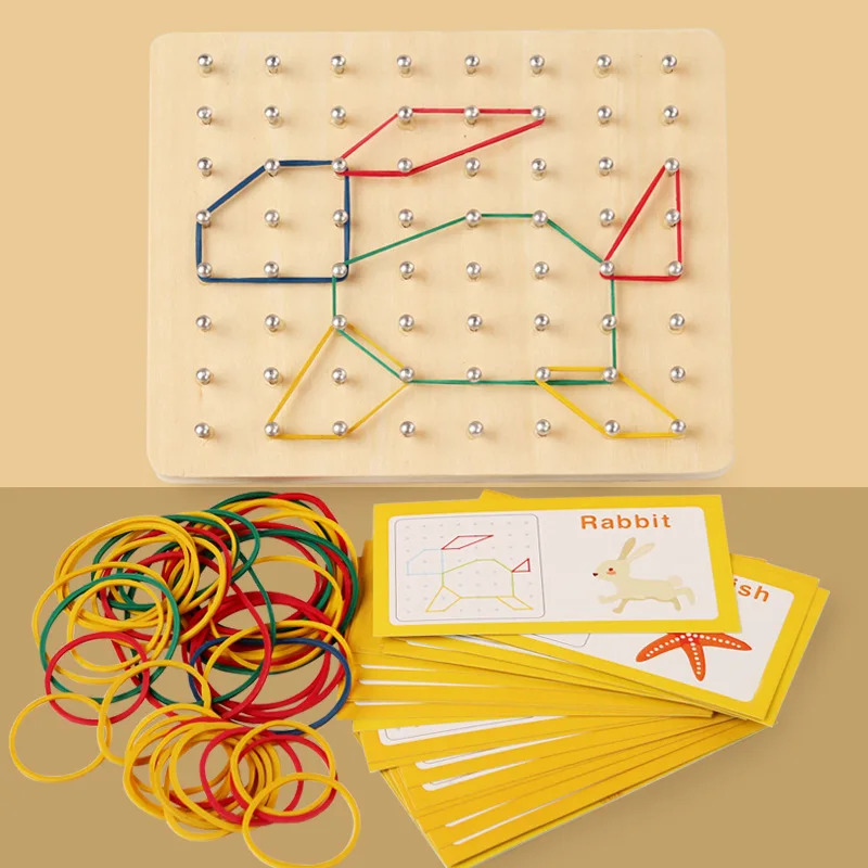 Wooden Puzzle Toys Geometric Shape Rubber Band Nailboard Game Kids Montessori Educational Creative Toy Fine Motor Training 3
