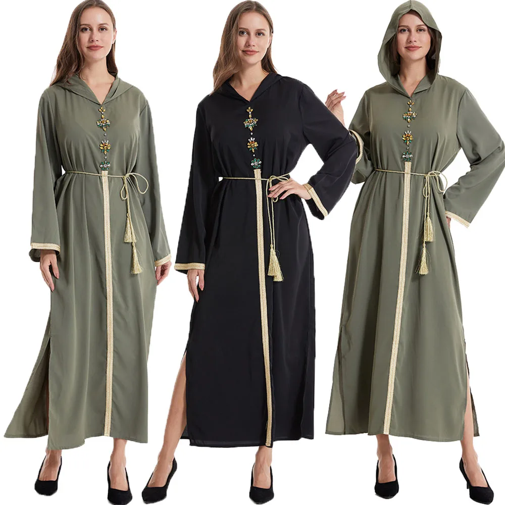 

Morocco Dress Women Party Muslim Abaya Fashion Dubai Abayas Hijab Diamonds Belted Kaftan Elegant Party Dresses Jalabiya Vestidos