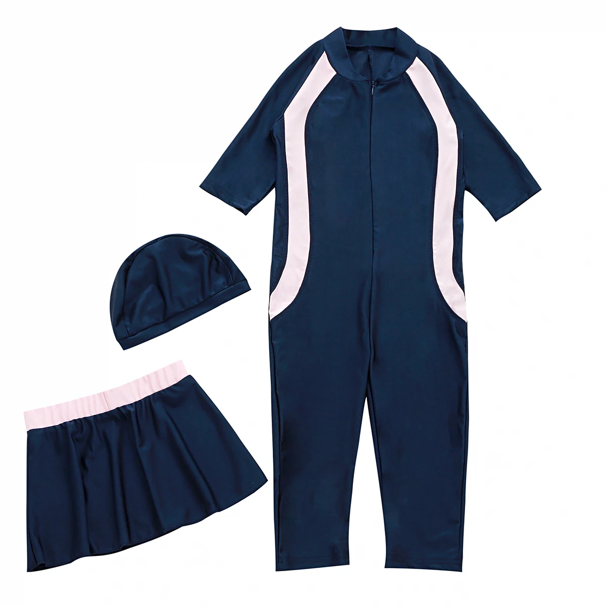Summer Muslim Girls Color-matching Half Sleeves Zipper Jumpsuits Swimming Clothes 3-12 Years 3 PCS Swimsuits