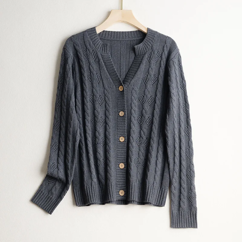 Women's Fashion New 65% Natural Mulberry Silk Cashmere Cotton Blended Casual Versatile Long Sleeve V-neck Solid Color Cardigan 4