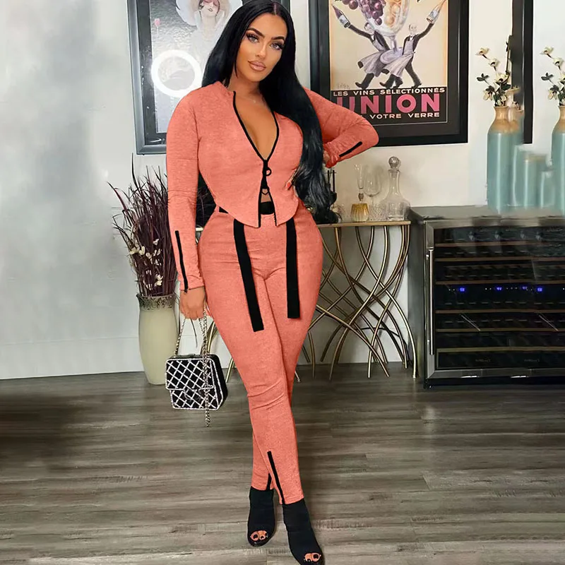 Casual Ribbons Tracksuit Women Two Piece Set Long Sleeve Double Zipper Cropped Jacket Top and Pants Matching Sets Sporty Outfits