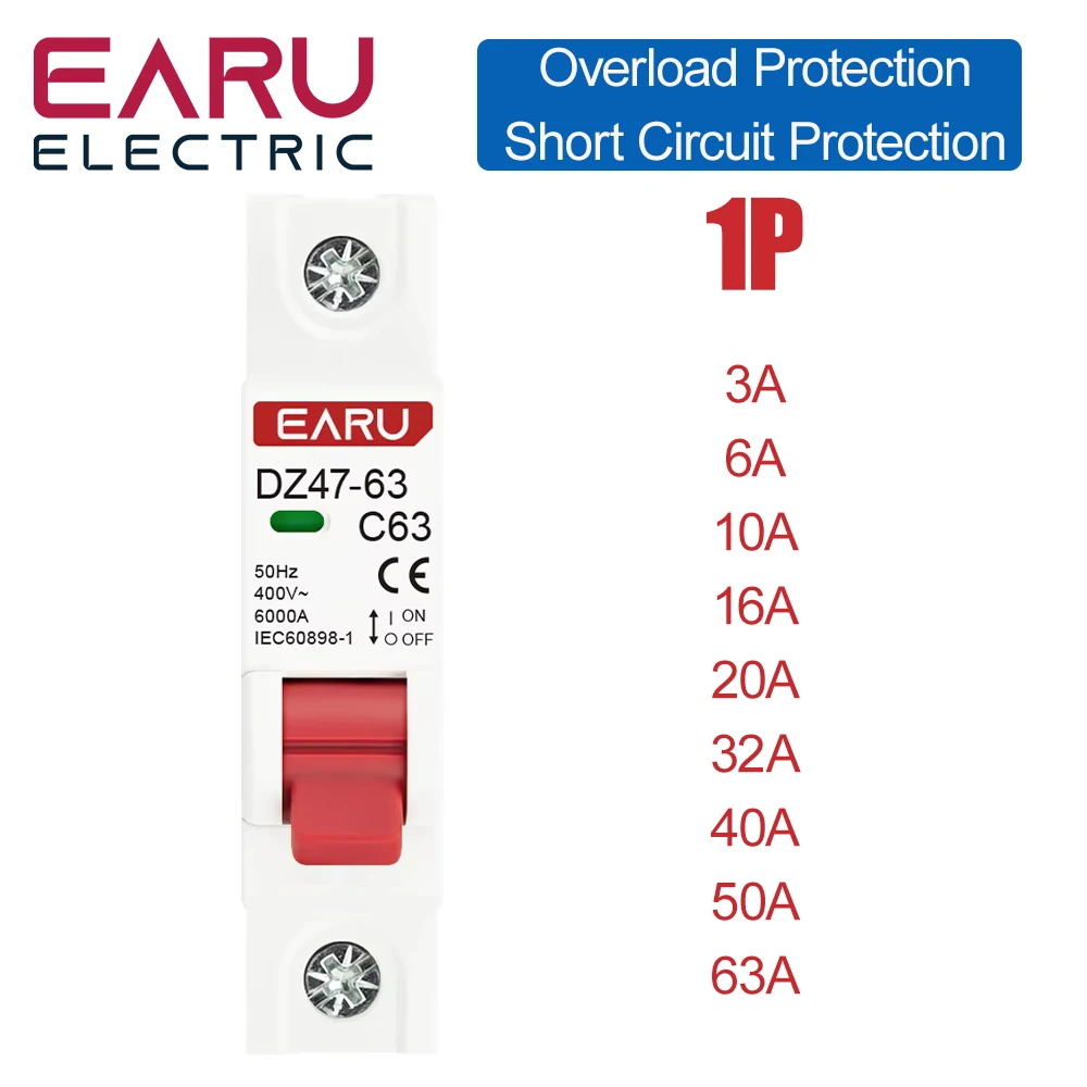 Single-Pole Mini Circuit Breaker, C-Type, 230/400V, 50/60Hz, 3A-63A, Din Rail Mount