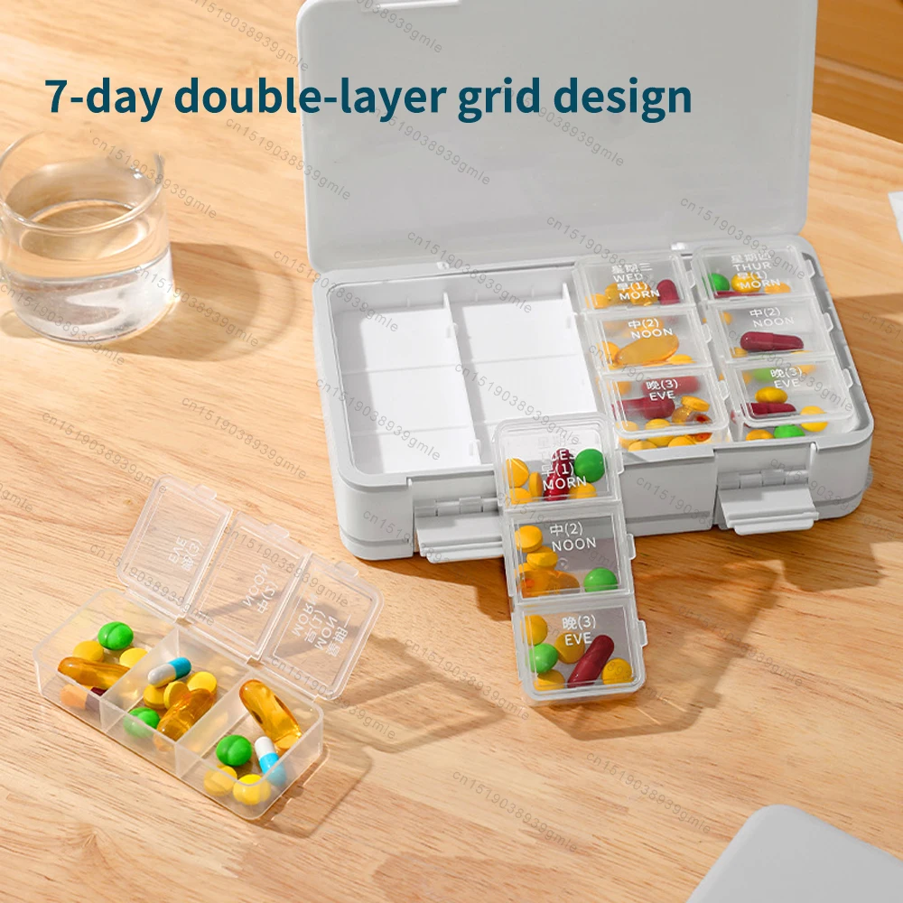 7 Day Weekly Pill Box Large Daily Pill Cases Pills Container with Dispenser and Grinder Medicine Storage Vitamin Organizer