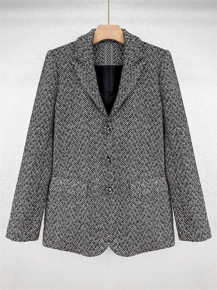Autumn Winter Women Diamond Buckle Blazer Coat Herringbone Pattern Mixed Color Ladies Commuting Loose Fit Jacket Tops 2024 New