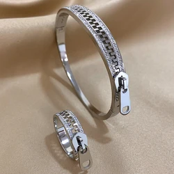 AENSOA Luxurious Gold - Plated Rhinestone Bracelet Bangles - Stainless Steel, Waterproof & Rust Resistant (Silver - Set)