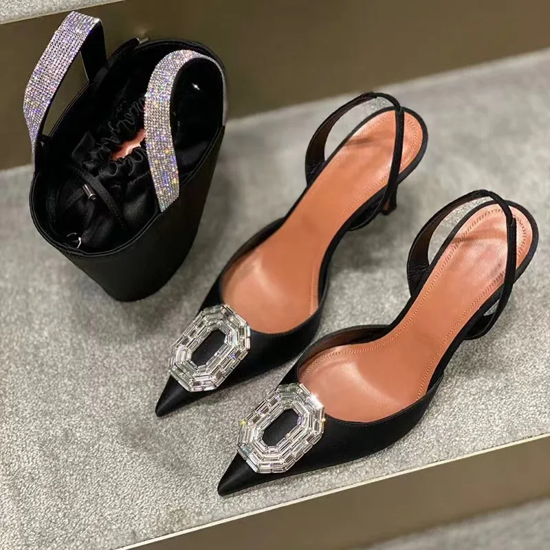new High Heels Women Pumps Rhinestone Buckle Wedding Shoes Pointed Toe Slingbacks Thin Heels Crystal Bling Summer Sandals Woman