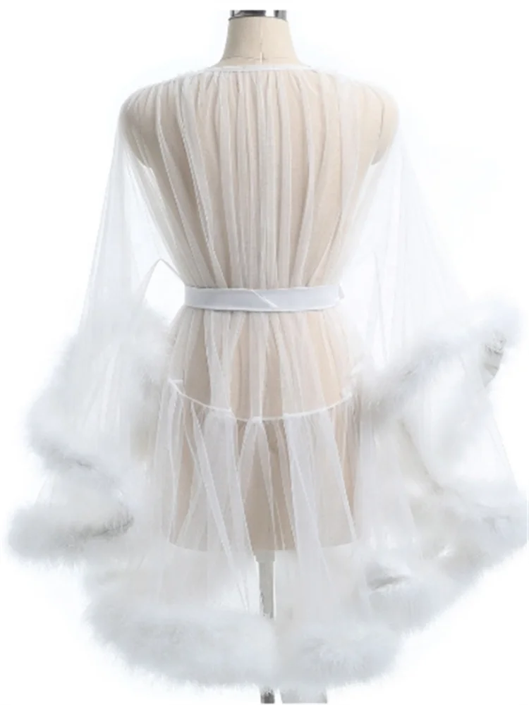 Sexy Feather Robe Seductive Mesh Perspective Sex Fur Bathrobe Passionate Waist Tightening Robe Dressing Gown women sleepwear silk robe sleepwear pajamas