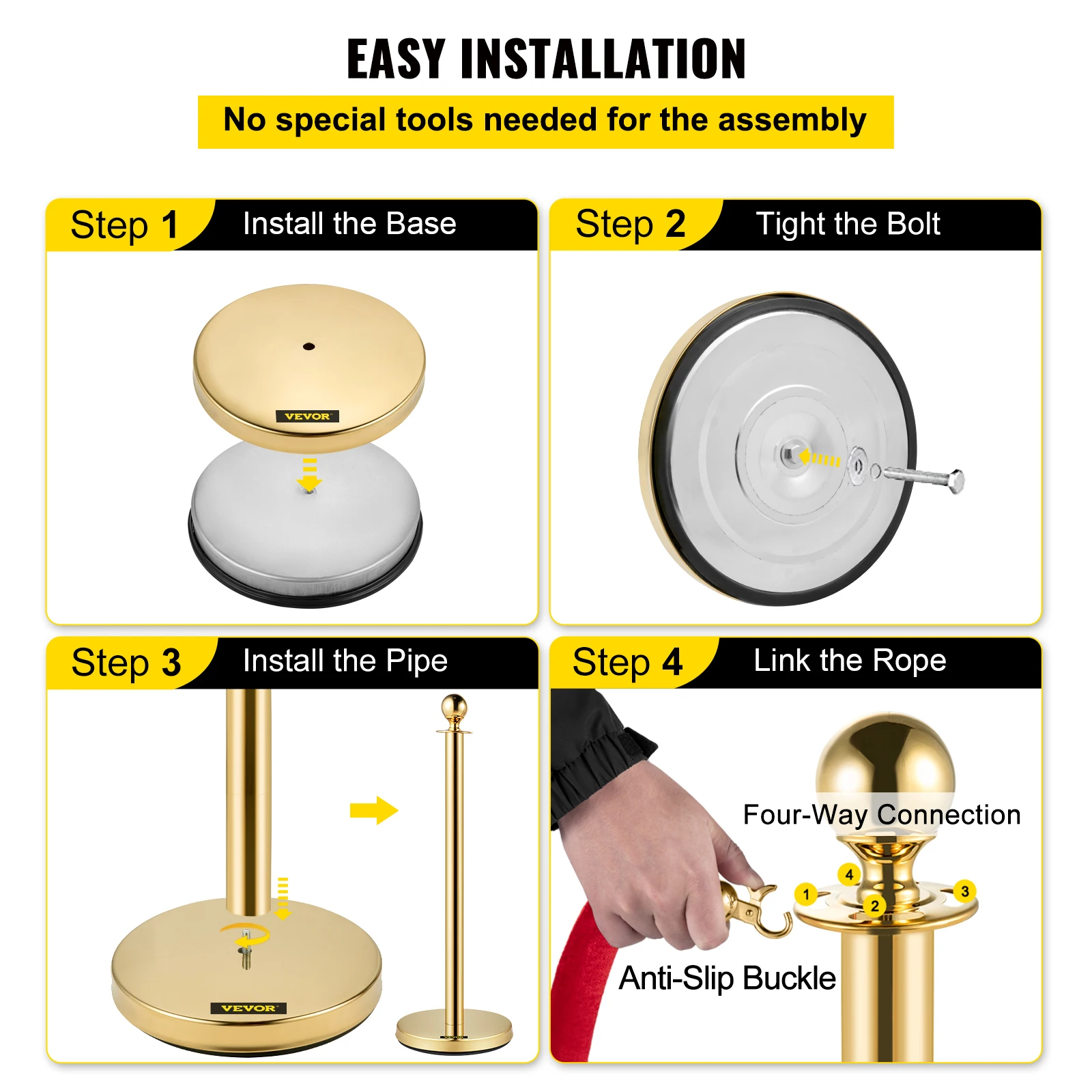VEVOR 35.4 Inch Gold Crowd Control Stanchion Posts Queue Red Velvet Rope Line Barriers with Stable Base for Stadium Museum Party