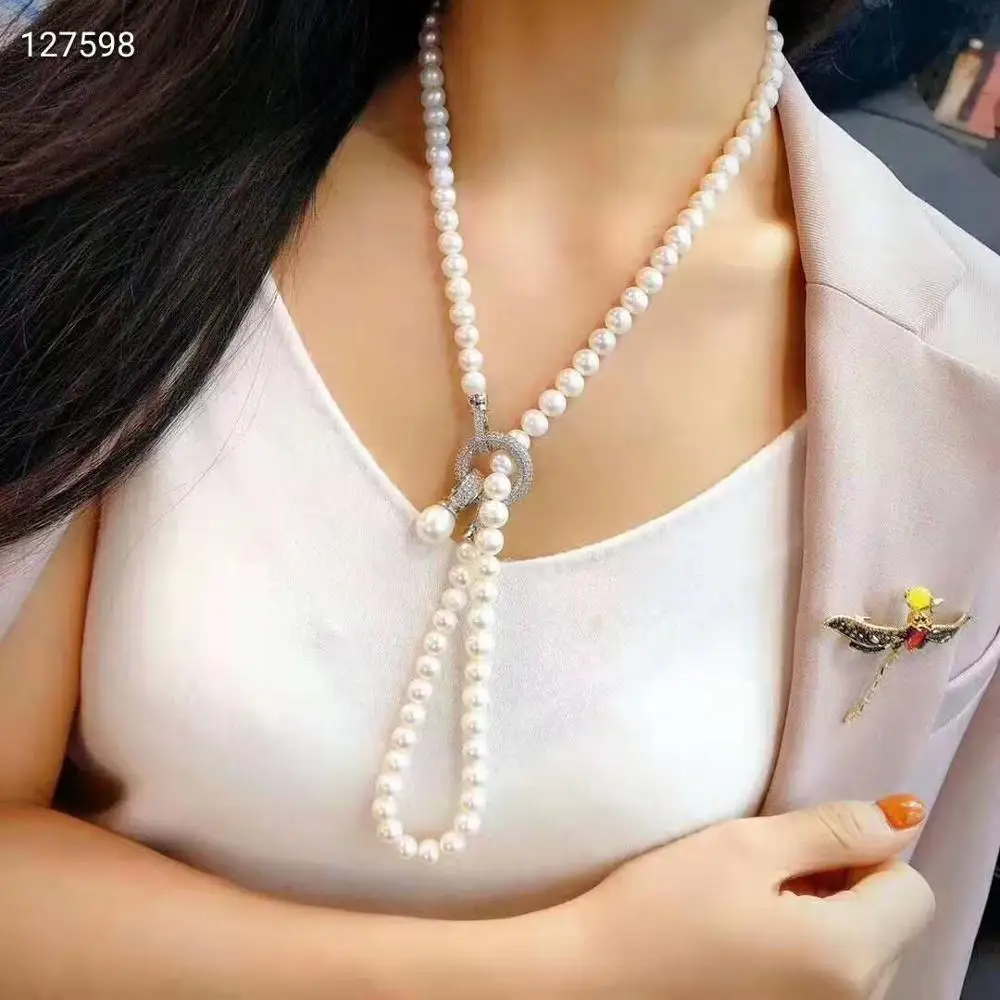 Women's jewelry 8-9mm 75cm micro inlaid zircon round accessories white freshwater pearl necklace