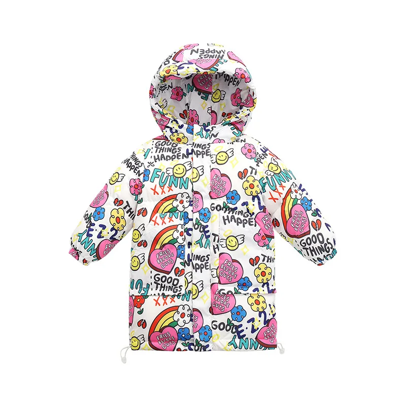 

Winter Baby Girls Boys Warmth Long Puffer Jackets Full of Prints Children White Duck Down Coats Kids Therme Outfits 2-9 Years