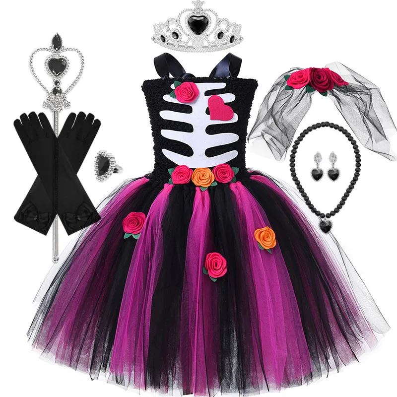 

Girls Cosplay Skeleton Emily Costume Children's Ghost Bride Dresses Halloween Zombie Black Flower Clothing Kids TuTu Dress 1-12T