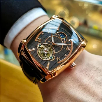 [Luxury Tourbillon Mechanical Watch] Light Luxury Tourbillon Mechanical Watch for Men - Fully Automatic High-End Fashion Trend Hollow Business Casual Men's Watch - Sun, Moon, Star, Barrel Shape, Temperament Large Plate, Gift for His Best, No Battery Needle