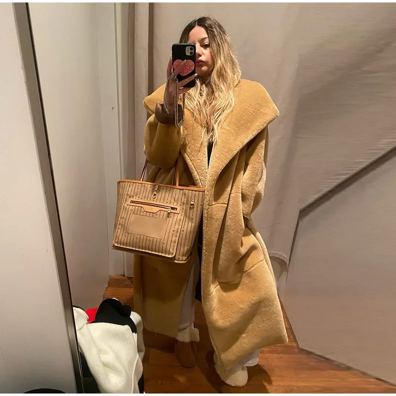 Abrigos largos elegantes de piel sintética con cinturón, solapa grande, manga larga y bolsillo, abrigos de felpa para mujer, ropa de calle de invierno 2025