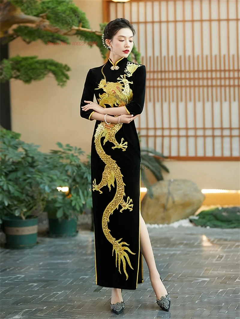 chinese improved dress traditional qipao dress national dragon embroidery velvet qipao oriental banquet evening