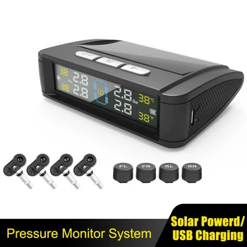 Sistema di monitoraggio della pressione dei pneumatici Sistemi di allarme di sicurezza automatici Monitor della temperatura dei pneumatici alimentato ad energia solare/USB TPMS per auto 4 sensori