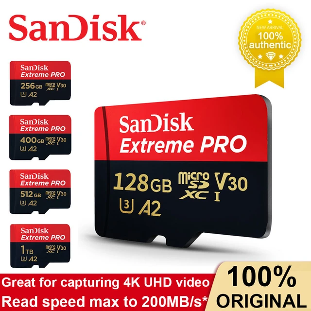 Sandisk-ExtremeProフラッシュメモリーカード,マイクロSDカード,sdxc,UHS-I,tfカード,カメラアダプター,uv30,512GB,  256GB, 64GB, 128GB