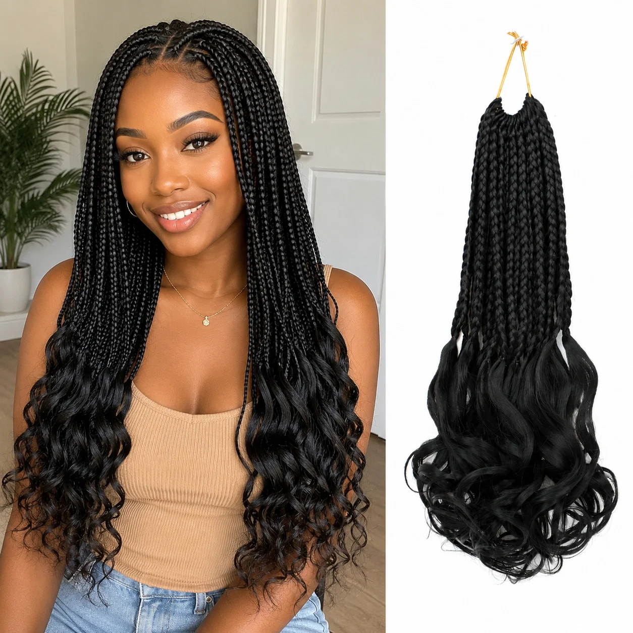 Boho French Curl Crochet Hair Extensions - Three Strand Goddess Braids with Curly Ends