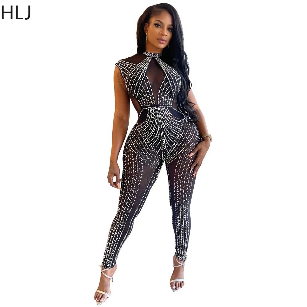HLJ Black Sexy Mesh Rhinestone Bodycon Nightclub Jumpsuits Women Round Neck Sleeveless Slim Playsuits Fashion Female Overalls