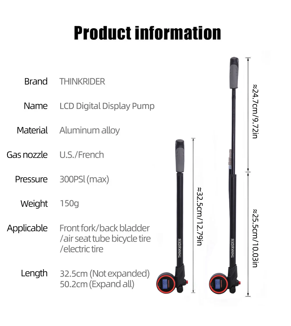 ThinkRider Portable High-pressure 300psi Bike Air Pump with Digital Gauge & Rear Suspension Shock Absorber Mountain Bicycle