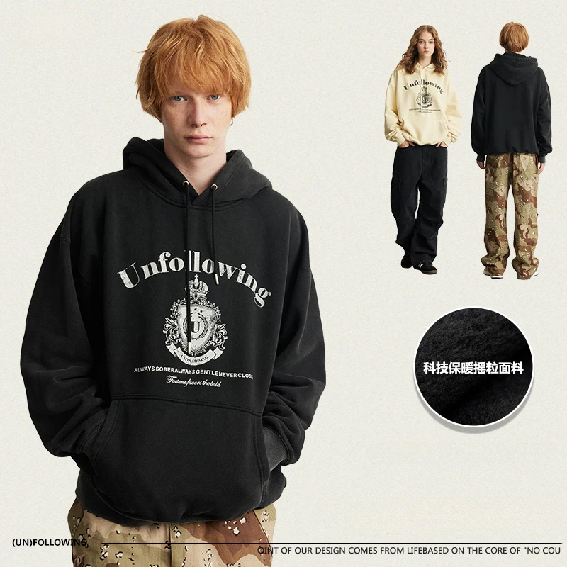 

Washing Water Old Polar Fleece Hooded Hoodie Retro Streetwear Printing Pullovers Loose Sweatshirt Streetwear Men's Clothing