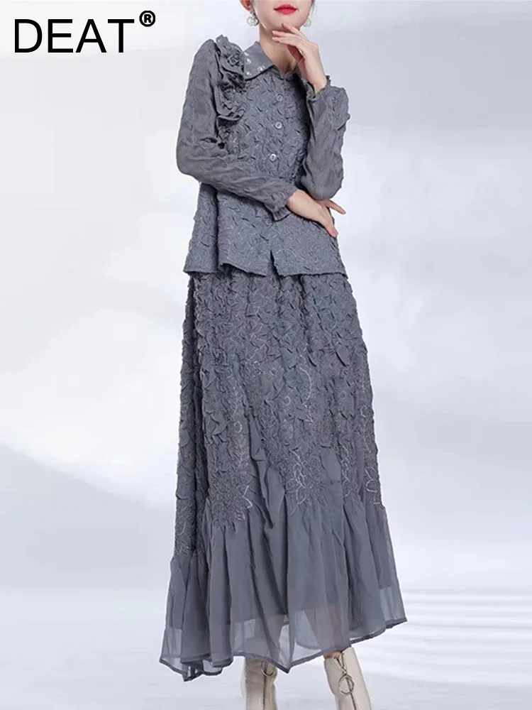 

Женский плиссированный комплект из 2 предметов DEAT, однобортная юбка-трапеция с длинными рукавами и бусинами, свободная элегантная юбка 15KB5476