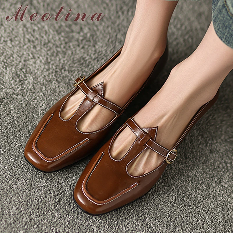 

Meotina Women Genuine Leather Flats Round Toe Buckle Ladies Fashion Casual Sewing Shoes Spring Autumn Black Brown Apricot 43