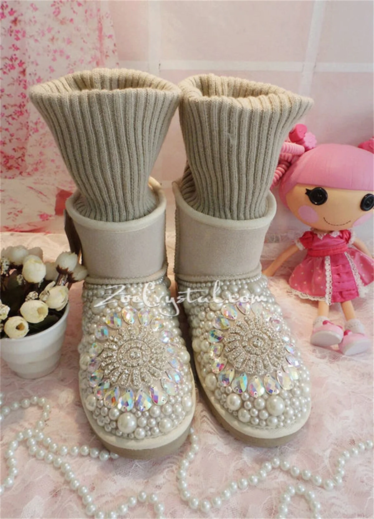 

White pearl Dazzling-colored rhindiamonds hand custom winter plus fleece warm boots fur boots women's 35-44