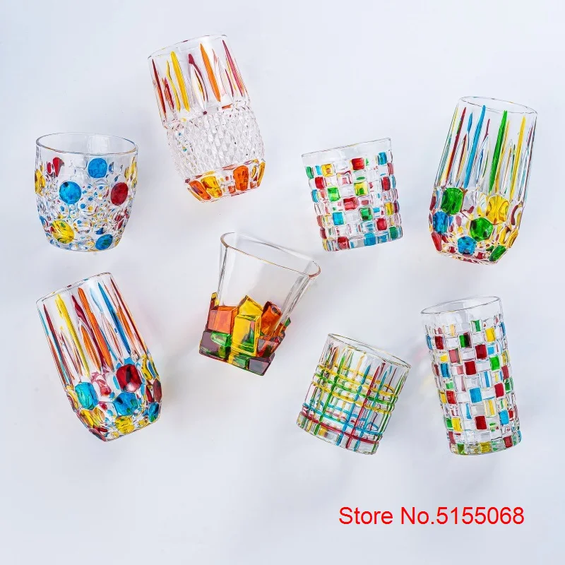 New Italy Hand Drawn Crystal Contrast Color Highball Glass Cocktail Water Drinking Glasses Old Fashioned Whisky Cup Wine Tumbler