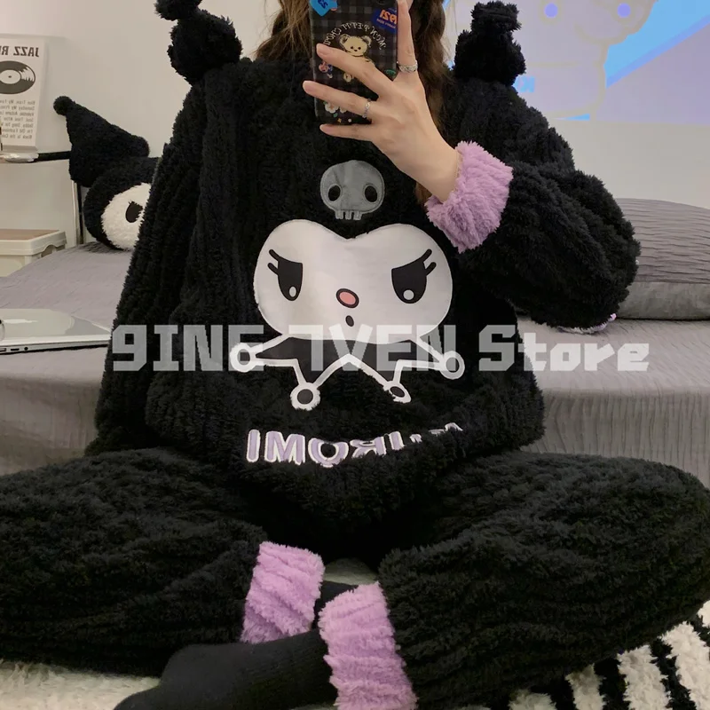 

Зимние плюшевые пижамы Sanrio Kuromi, теплые бархатные пижамы для женщин Y2k, мягкая утепленная фланелевая домашняя одежда для девушек