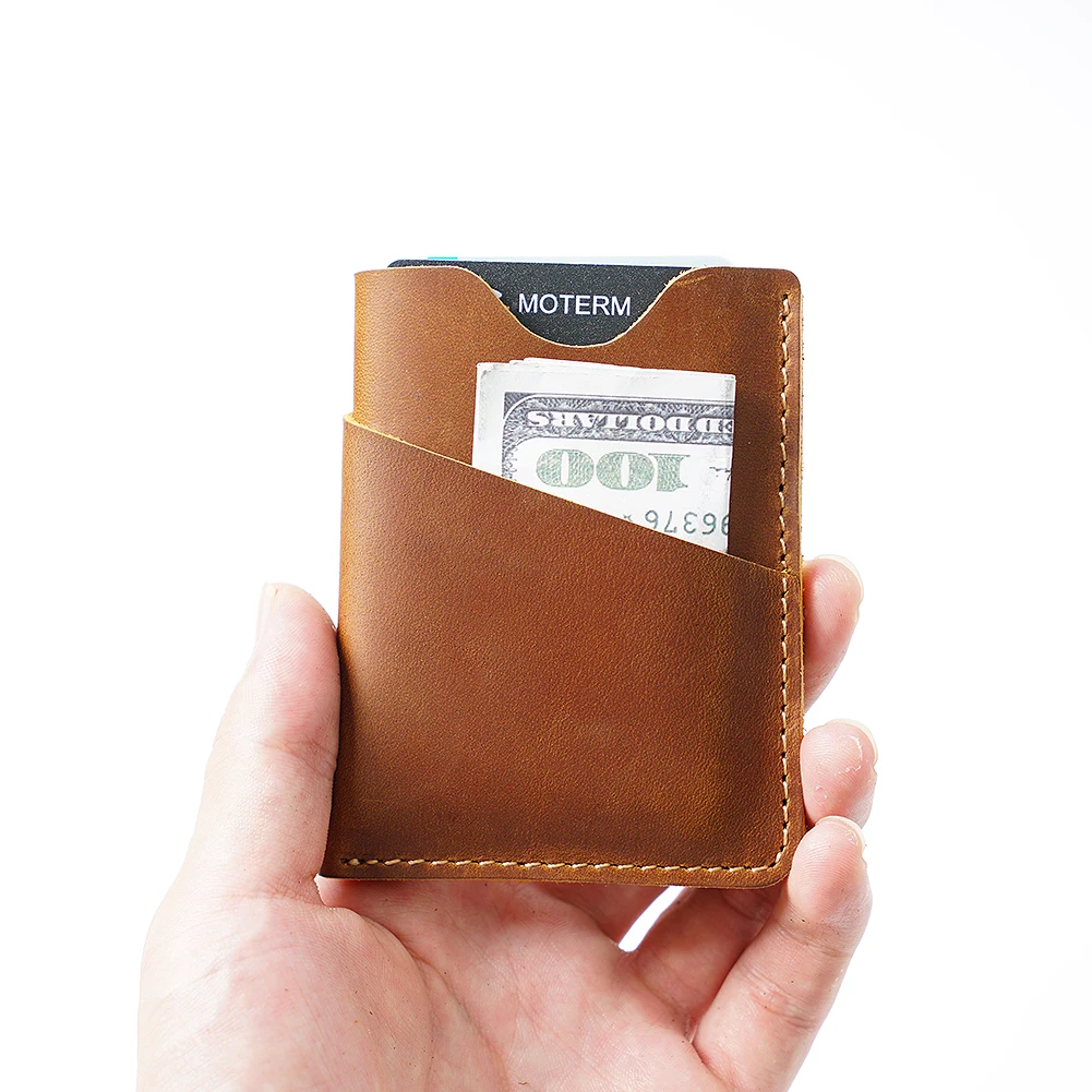 Original Handmade Top-Grain Leather Vintage Men's Card Holder Wallet Compact Casual Money Clip with Coin Pocket