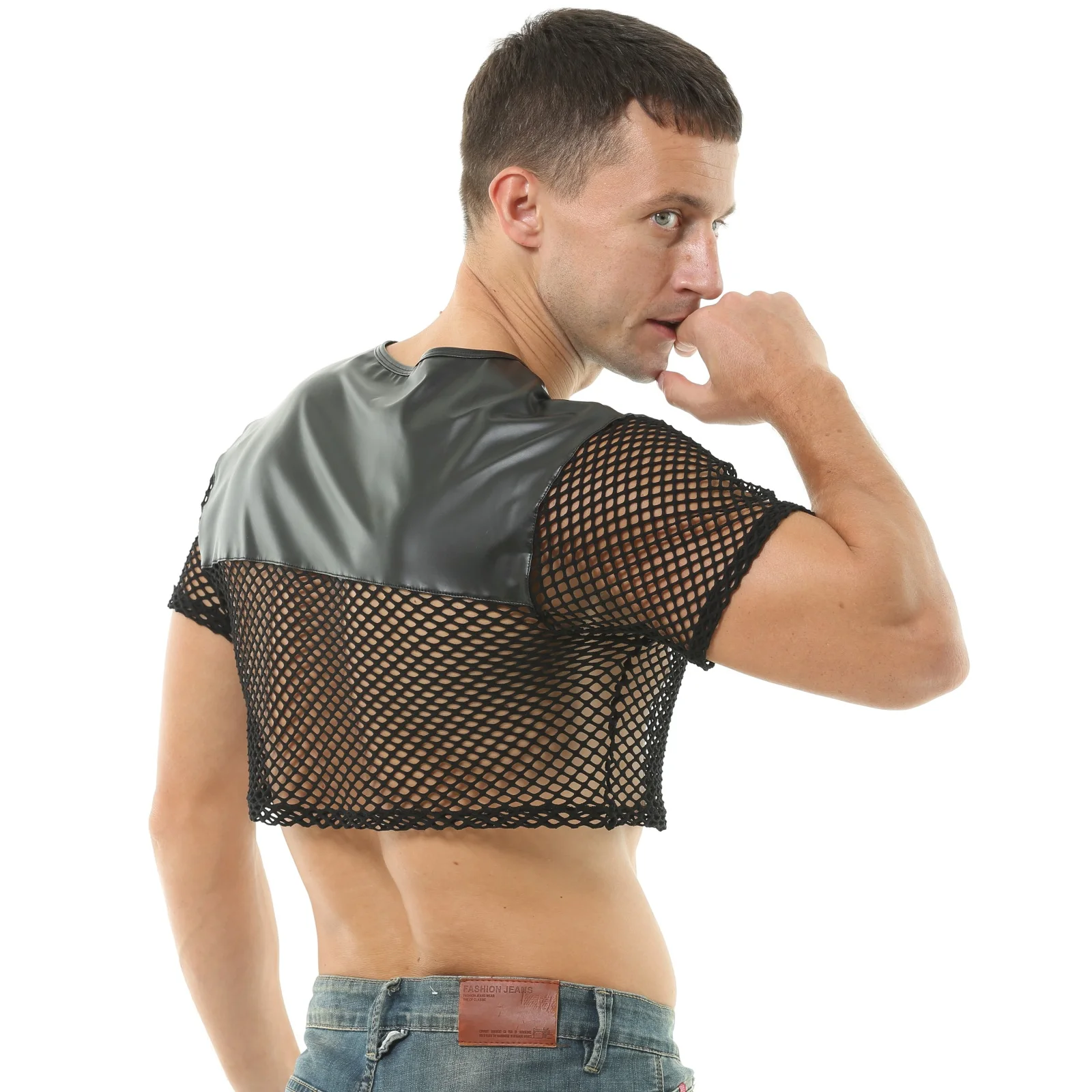 CLEVER-MENMODE Mens Sexy Crop Tops PU Leather Mesh Lingerie Mini Vest Tanks Short Sleeve Muscle Clubwear Erotic Costume O-Neck