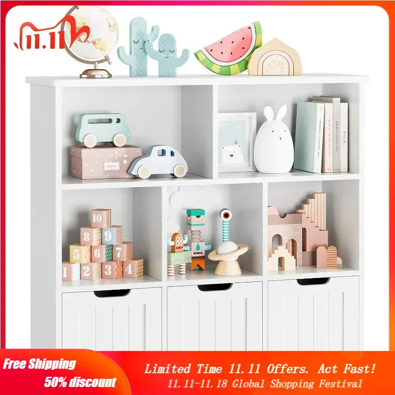 Toy Storage Organizer 3 Movable Drawers Floor Storage Cabinet Toy Chest Hidden Wheels 5 Cubbies storage box