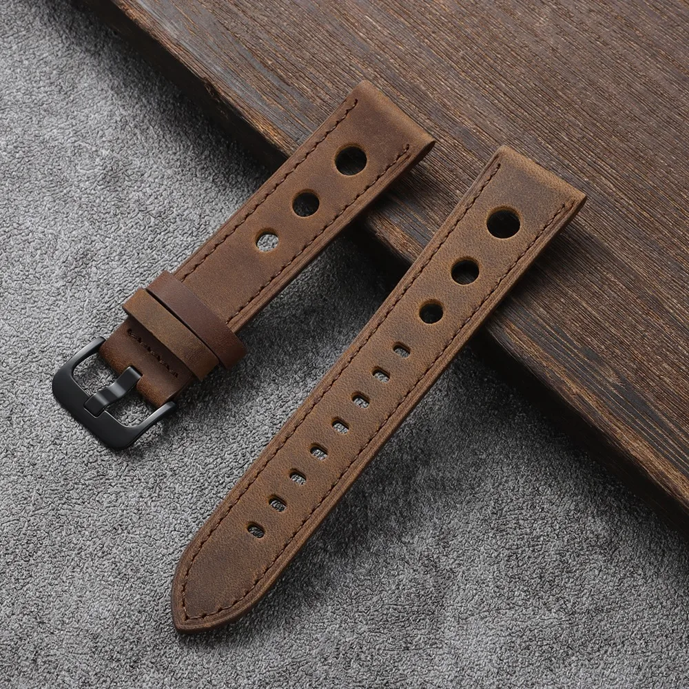Vintage Genuine Crazy Horse Leather Watch Strap - Retro Porous Design in Multiple Sizes