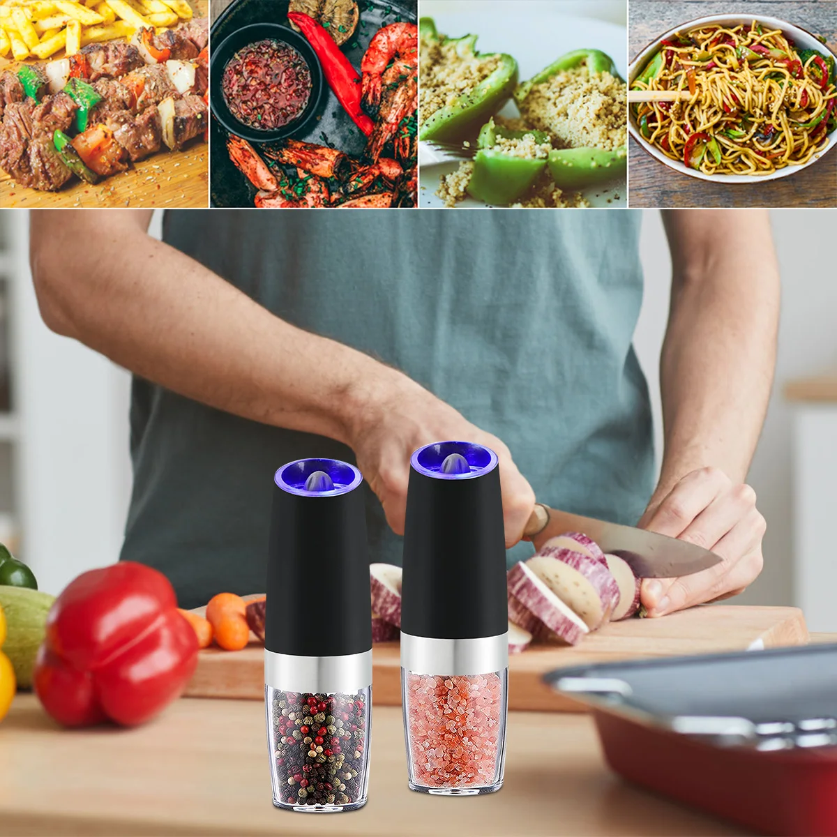 Electric Salt and Pepper Grinder Stainless Steel Automatic Gravity  Induction Pepper Mill LED Light Kitchen Spice Grinders Tools - AliExpress