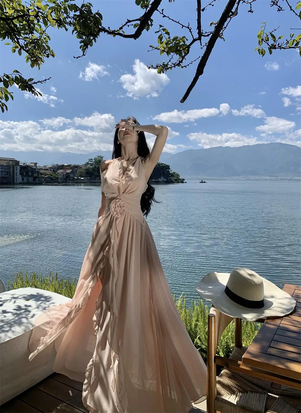 Summer New Ruffles A-line Long Dresses for Women Halter Backless Holiday Seaside Party Dress Korean Fashion One Piece Vestido