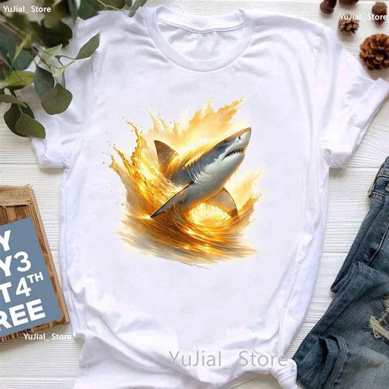 Goldener Hai gedruckt T-Shirt Frauen Kleidung Sommer Mode Tops T-Shirt Femme Harajuku Shirt lässig lustig T-Shirt weiblich