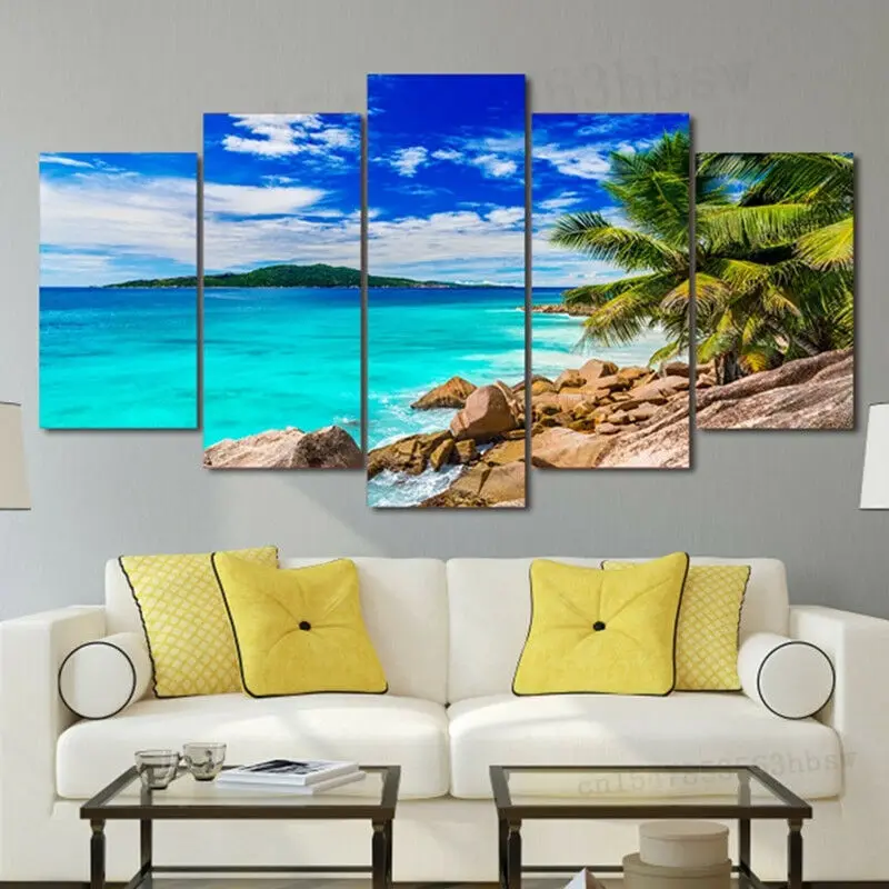 

Tropical Beach Summer Sea Rocks Island 5 Panel Canvas Print Wall Art Home Decor Pictures 5 Piece Paintings Poster No Framed