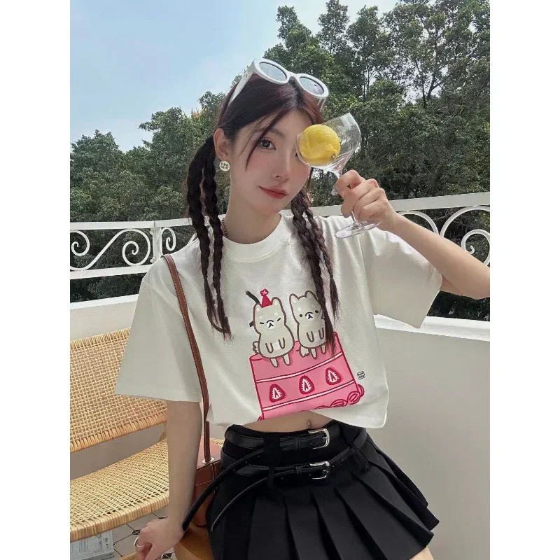 

G Family's 2023 Summer New Cartoon Cake Printing Chaigou Short Sleeve T-shirt With Age Reducing Teenage Sense Small Short Top