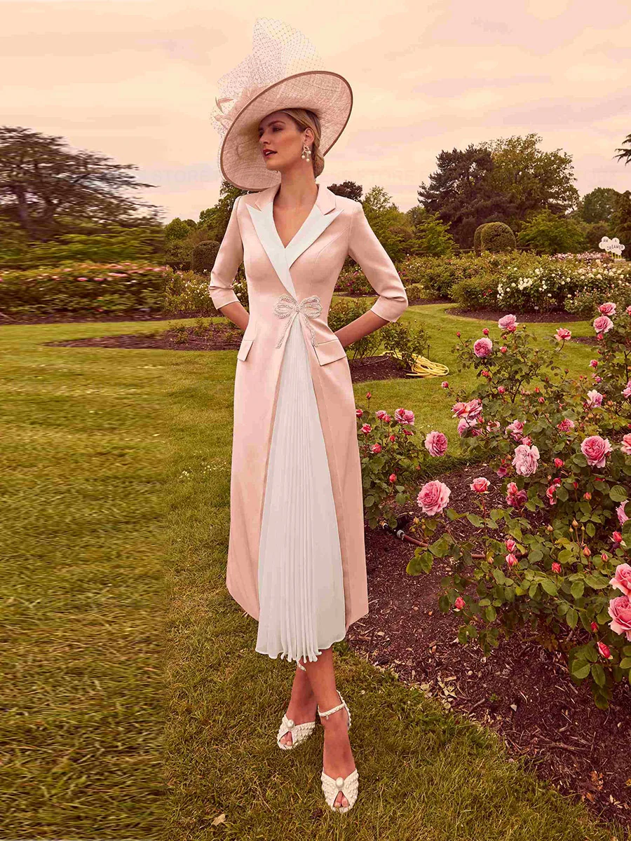 Exquisite Wedding Guest Dresses A-line V-neck Long Mother of the Bride Dress Tea-length Bow Beadings فستان حفلات الزفاف