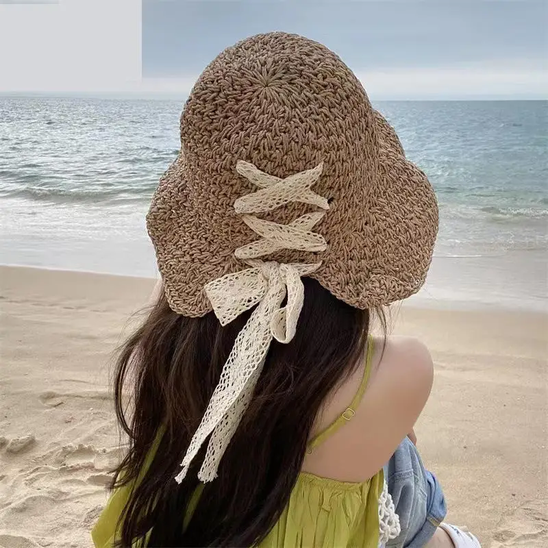 

COKK Simple Foldable Wide Brim Floppy Girls Straw Hat Sun Hat Beach Women Summer Hat UV Protect Travel Cap Lady Cap Female New